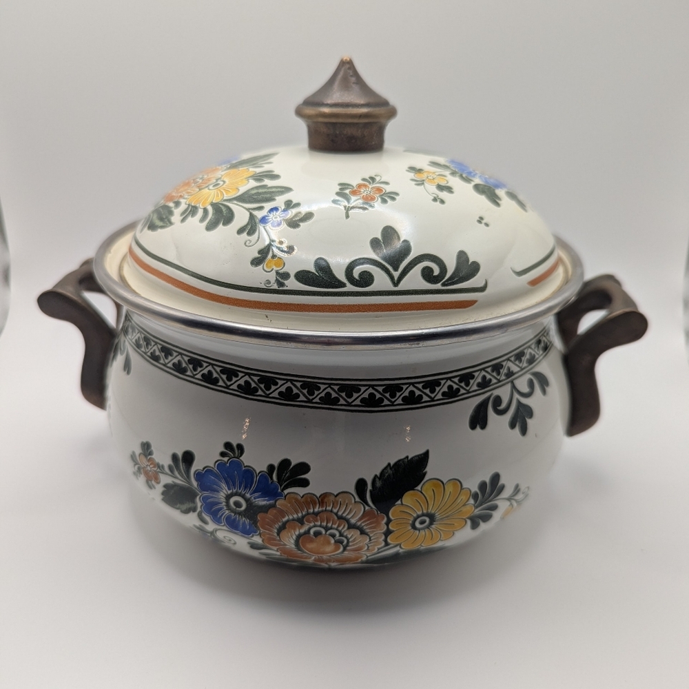 ASTA Enamelware Amsterdam Casserole Pot w/ Lid Floral Dutch Oven Germany 3Qt‎